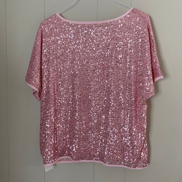 Sucolan Pink Sequin Top NWT | Sparkly Short Sleeve Party Blouse Women’s Size L/X - Picture 2 of 8